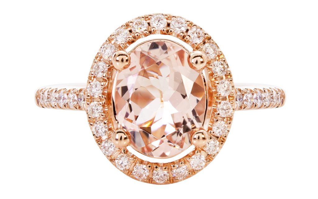 Morganite and diamond halo rose gold engagement ring with diamond band narrow