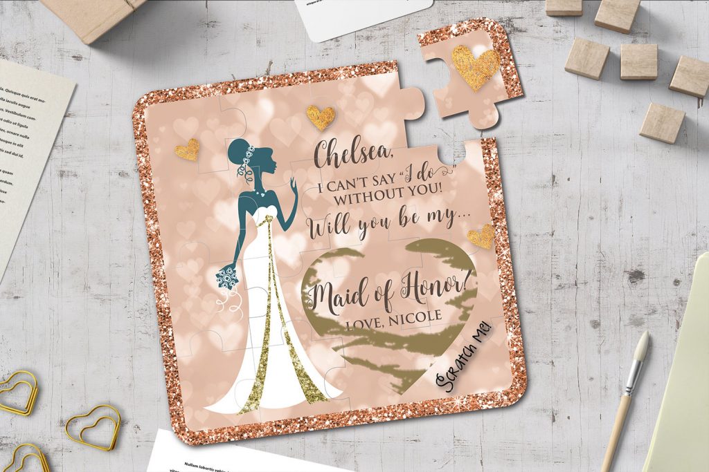 Jigsaw puzzle with the words "will you be my maid of honor" from etsy