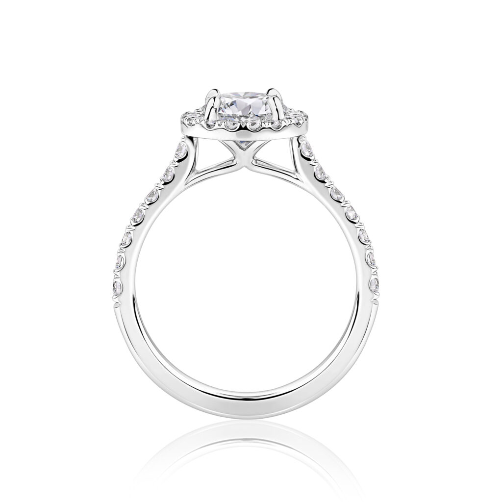 Wattle round halo white gold diamond ring side view