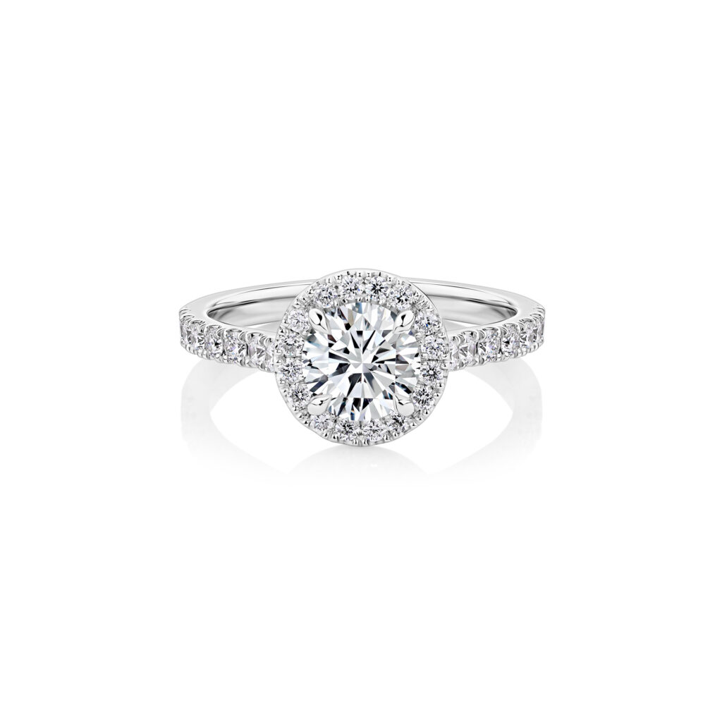 Wattle round halo white gold diamond ring front view