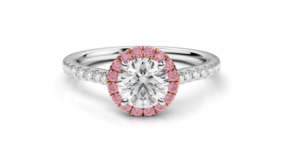 Wattle round brilliant cut diamond with a pink sapphire halo diamond engagement ring front