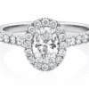 Oval cut diamond halo engagement ring in platinum front