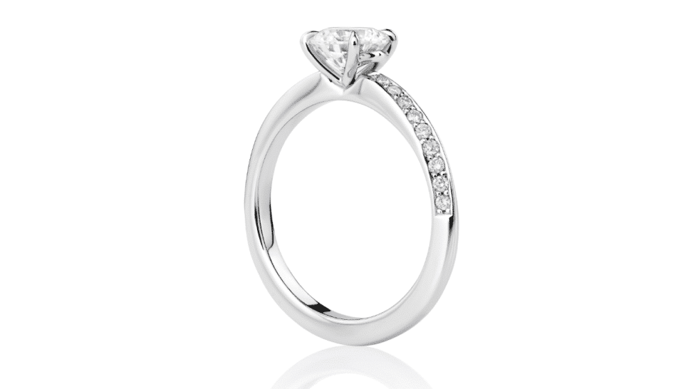 Rbc engagement ring with twisted diamond band side view