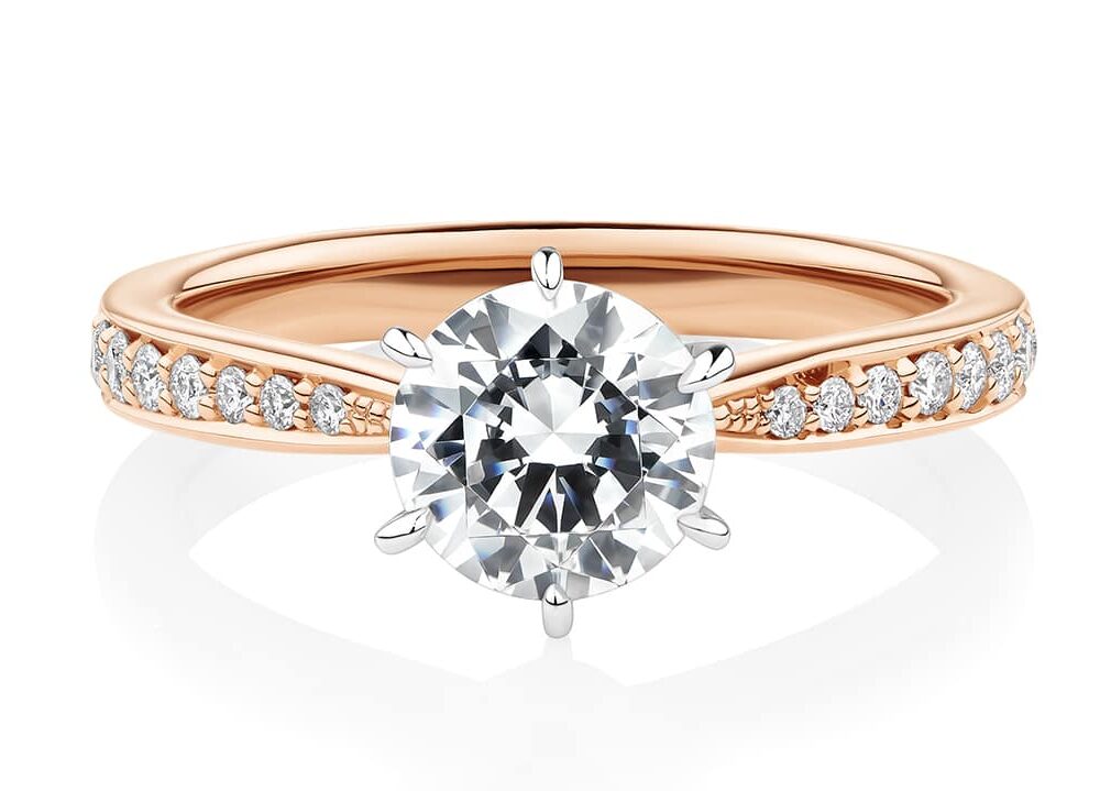 Rosella Round Brilliant Cut Diamond Engagement Ring with Diamond Band in Rose Gold front
