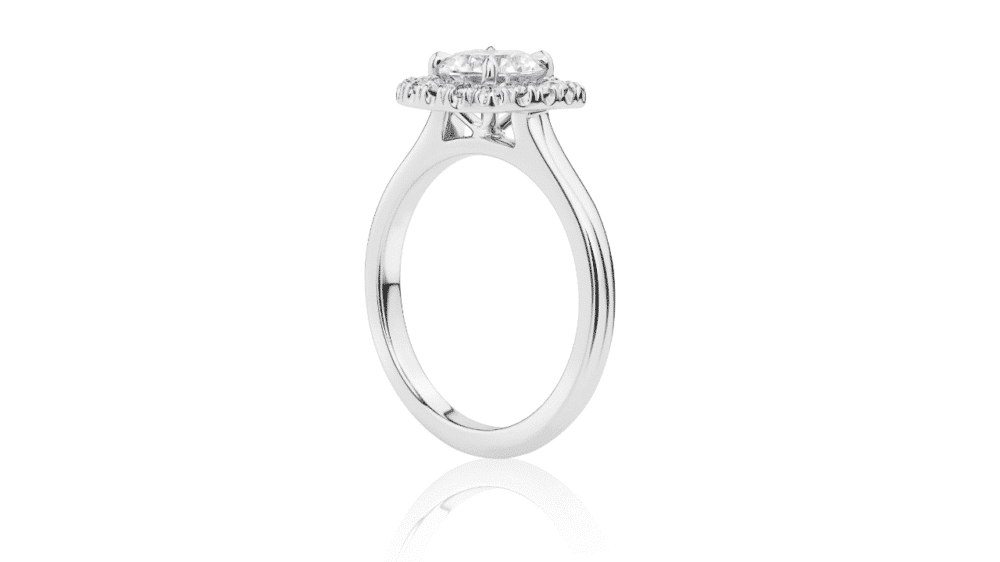 Round diamond halo engagement ring side view