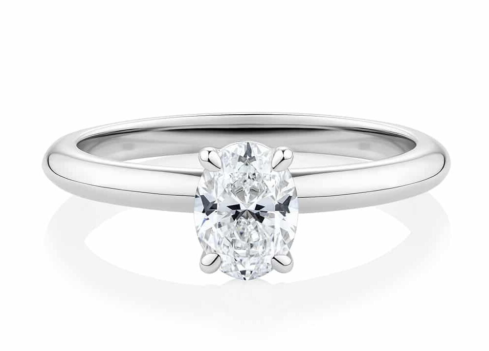 Solitaire Oval Cut Diamond Waratah Engagement Ring in White Gold Front