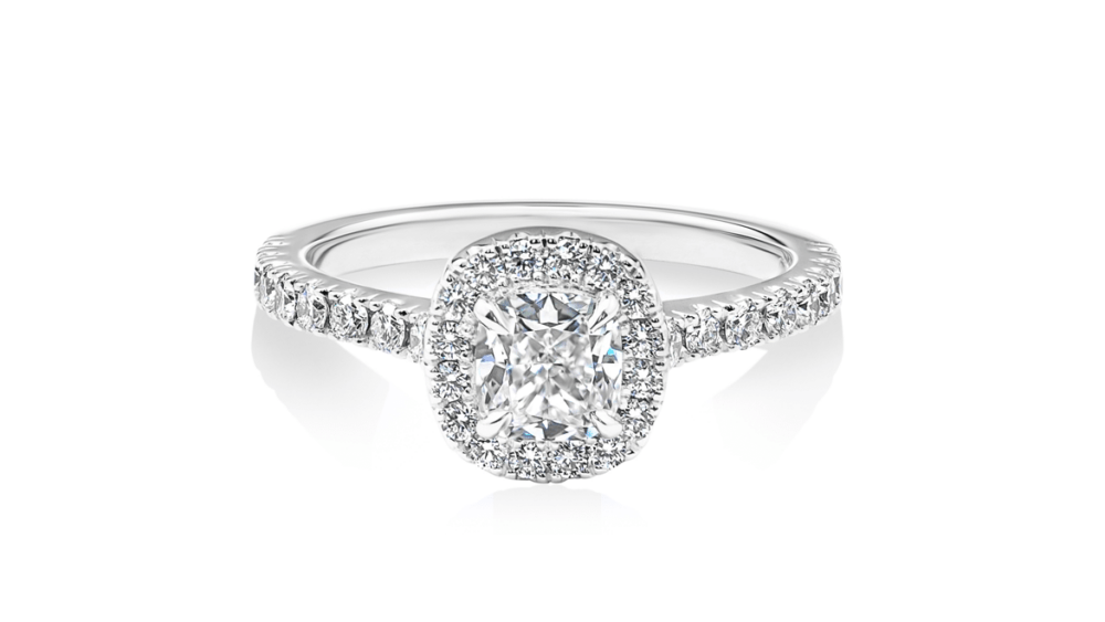 Halo cushion cut diamond halo engagement ring in white gold front