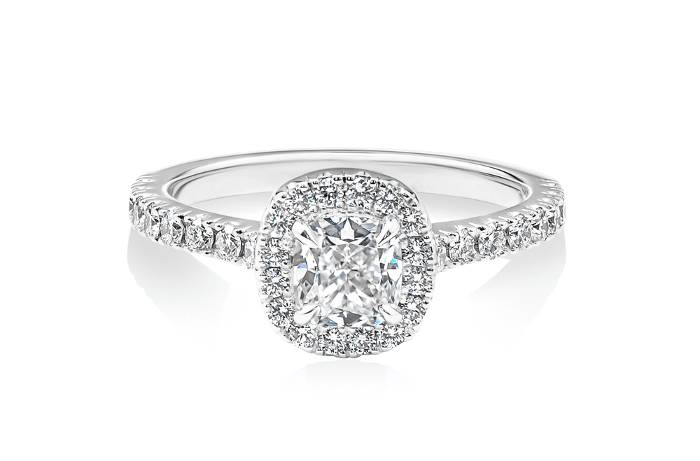 Halo Cushion Cut Diamond Halo Engagement Ring in White Gold front