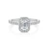 Wattle emerald cut diamond halo engagement ring platinum front