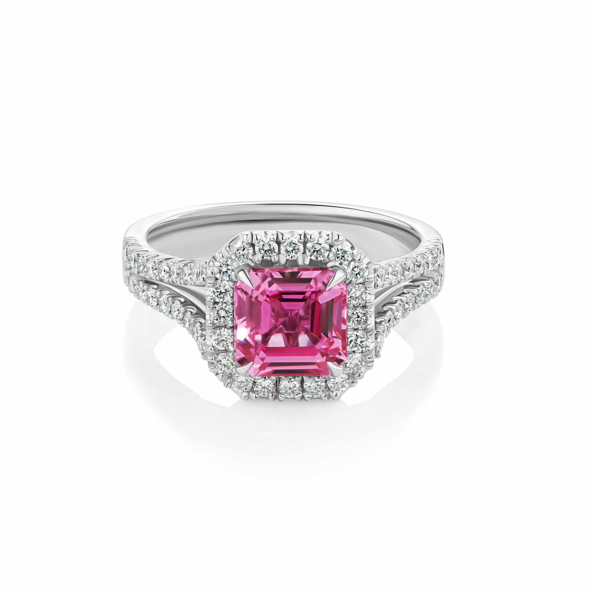 Swainsona Pink Sapphire Emerald Cut with Diamond Halo front