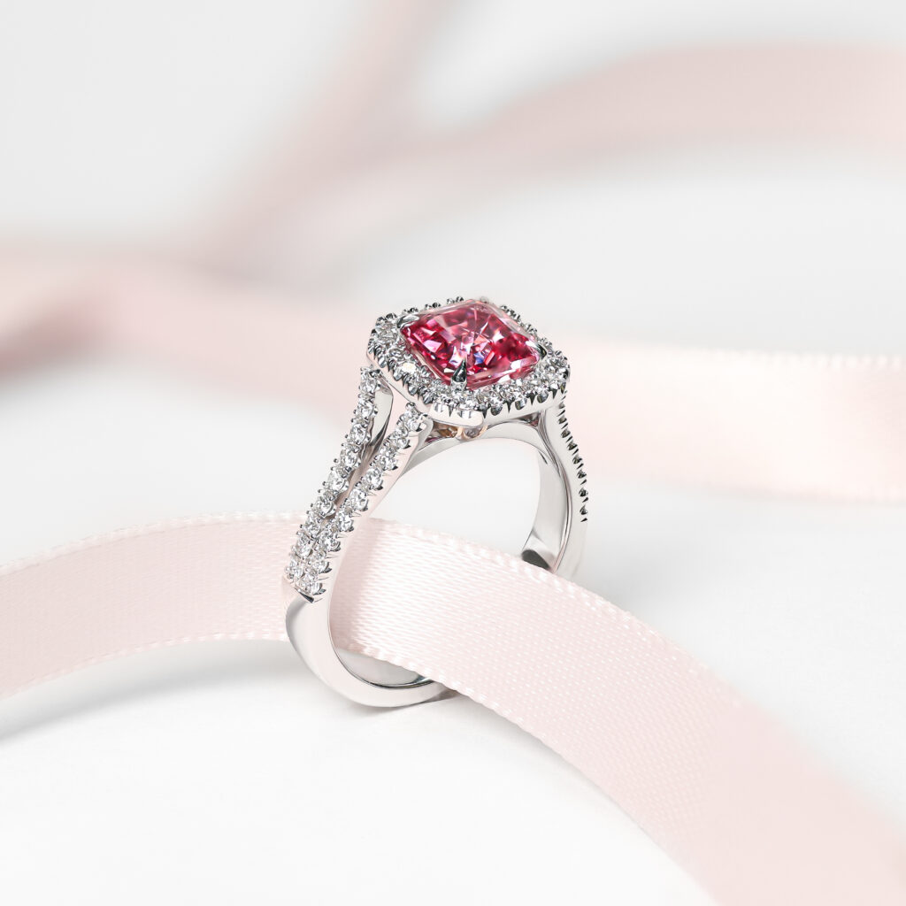 Asscher Cut Ceylon Pink Sapphire Engagement Ring with Diamond Halo