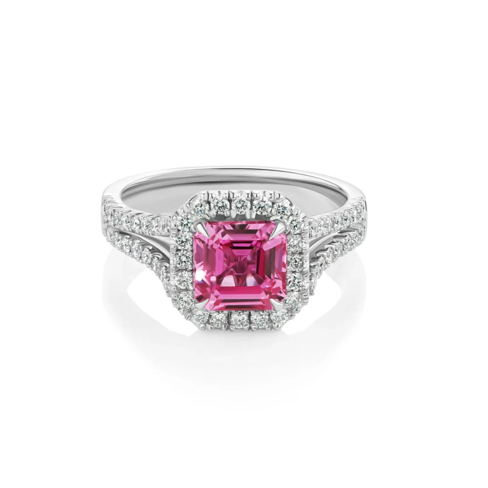Swainsona Emerald Cut Pink Sapphire Diamond Band White Gold front