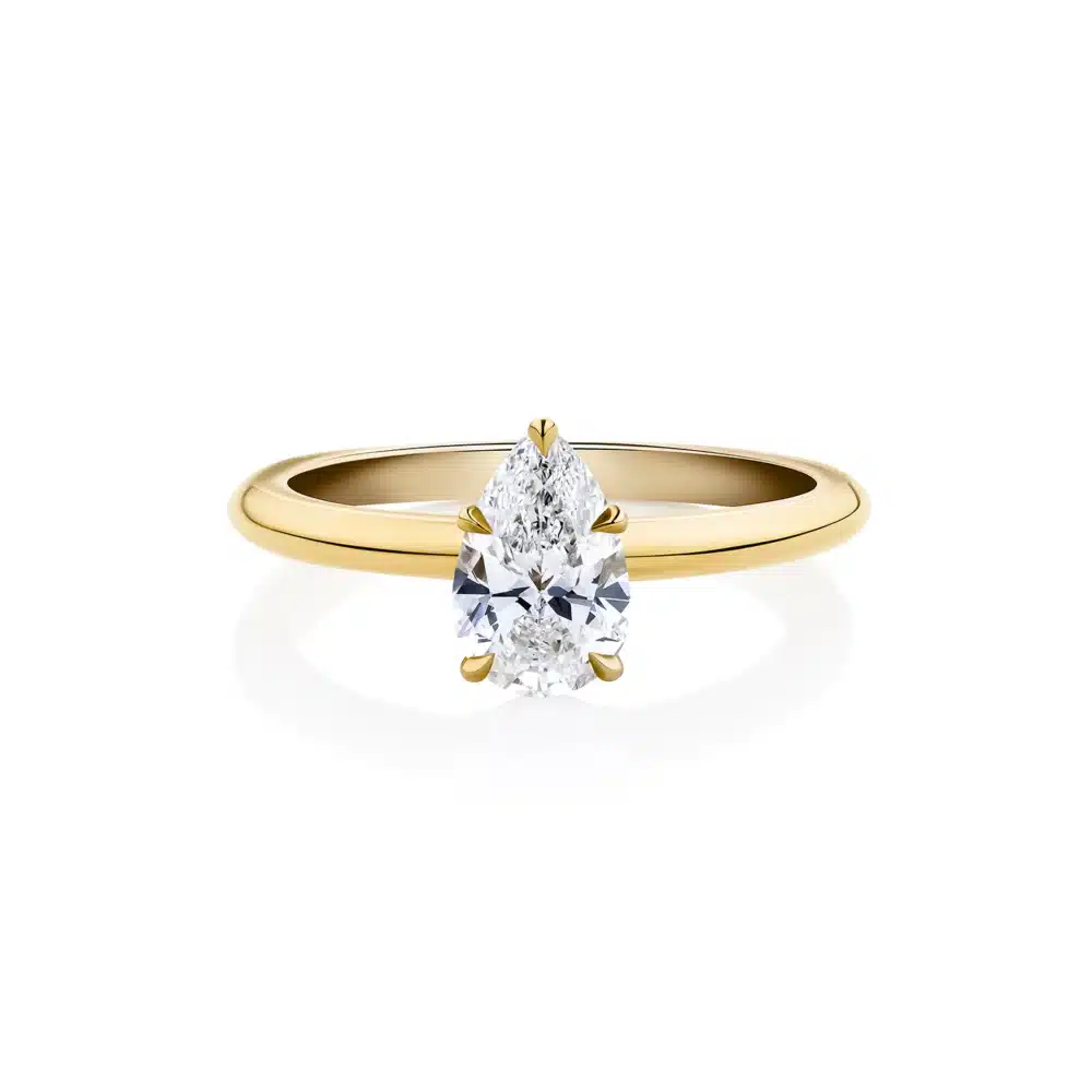 Waratah pear solitaire in yellow gold 5 claw setting front