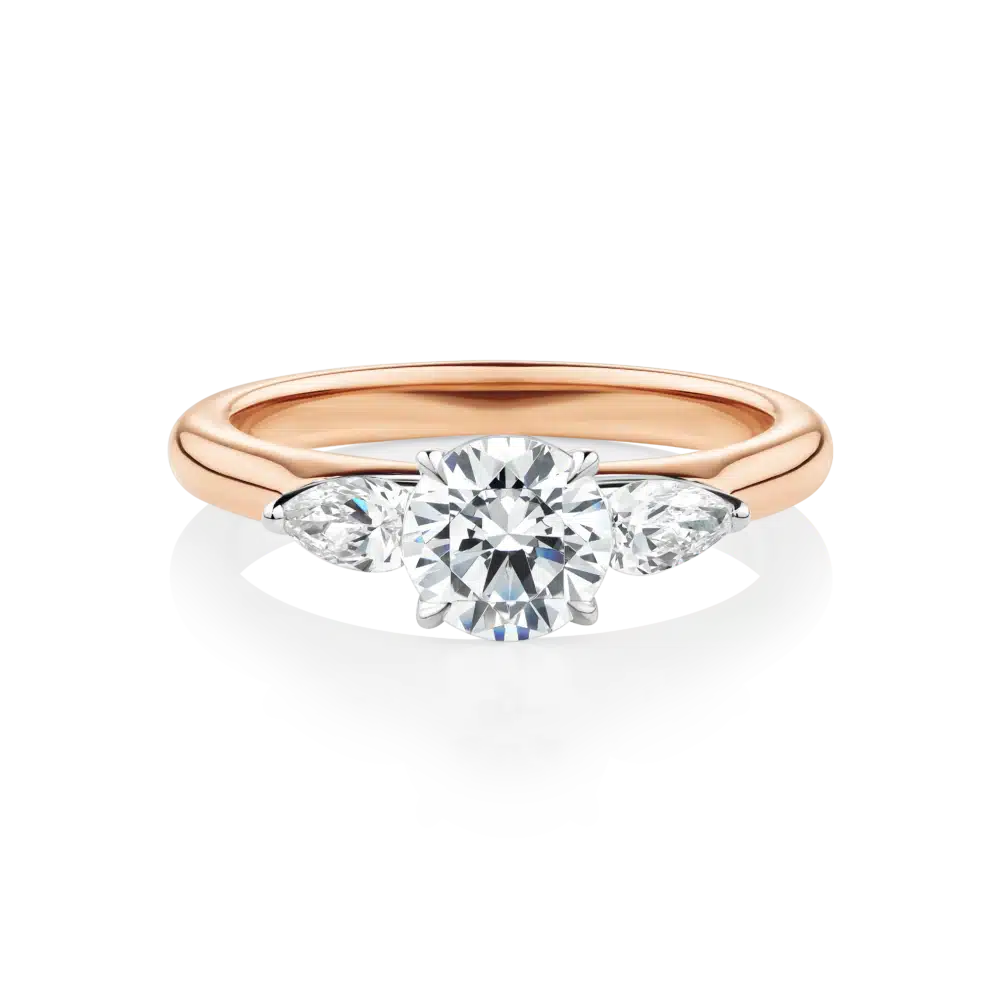 Banksia-rose-gold-two-tone-round-cut-trilogy-pear-cut-diamond-engagement-ring