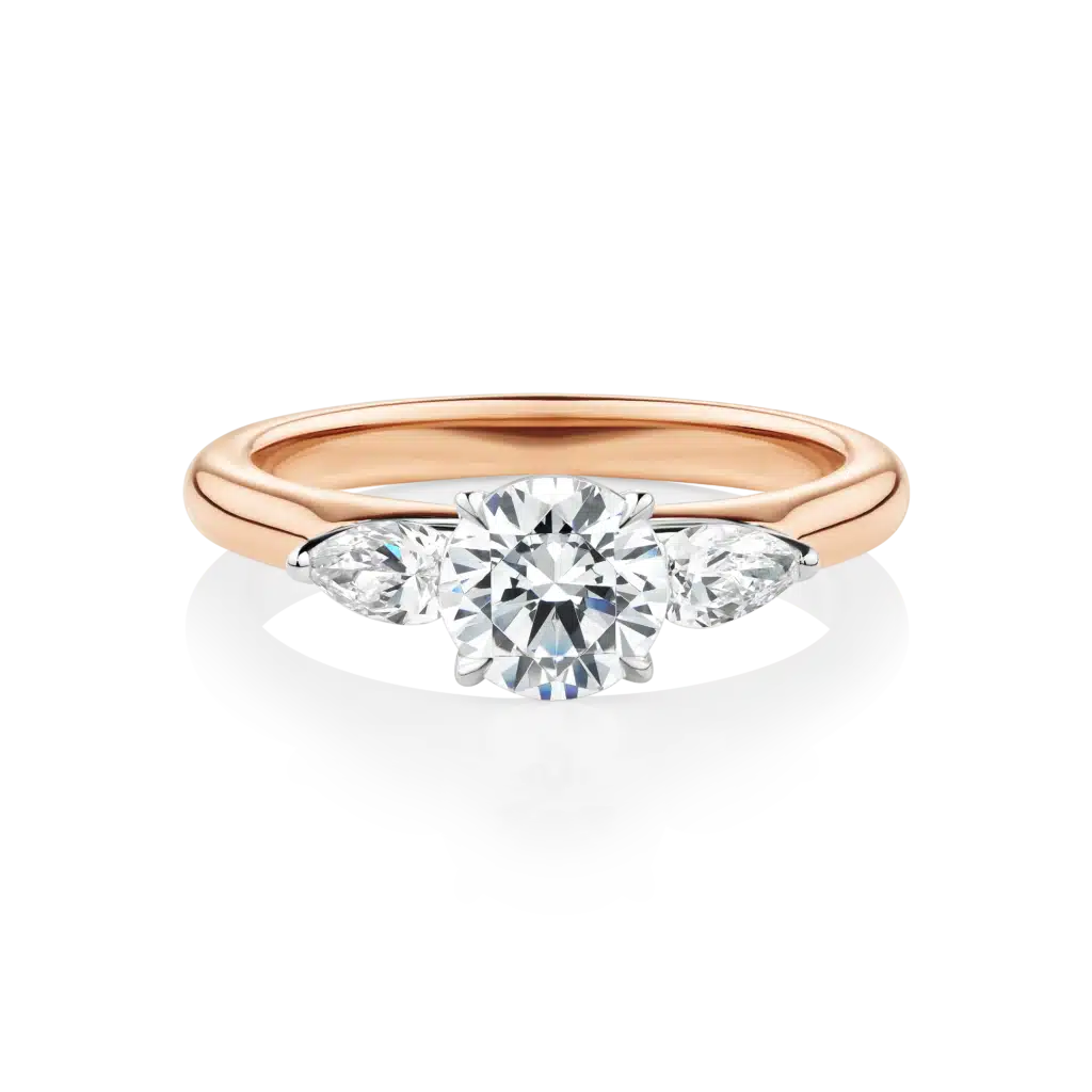 Banksia-Rose-Gold-Two-Tone-Round-Cut-Trilogy-Pear-Cut-Diamond-Engagement-Ring
