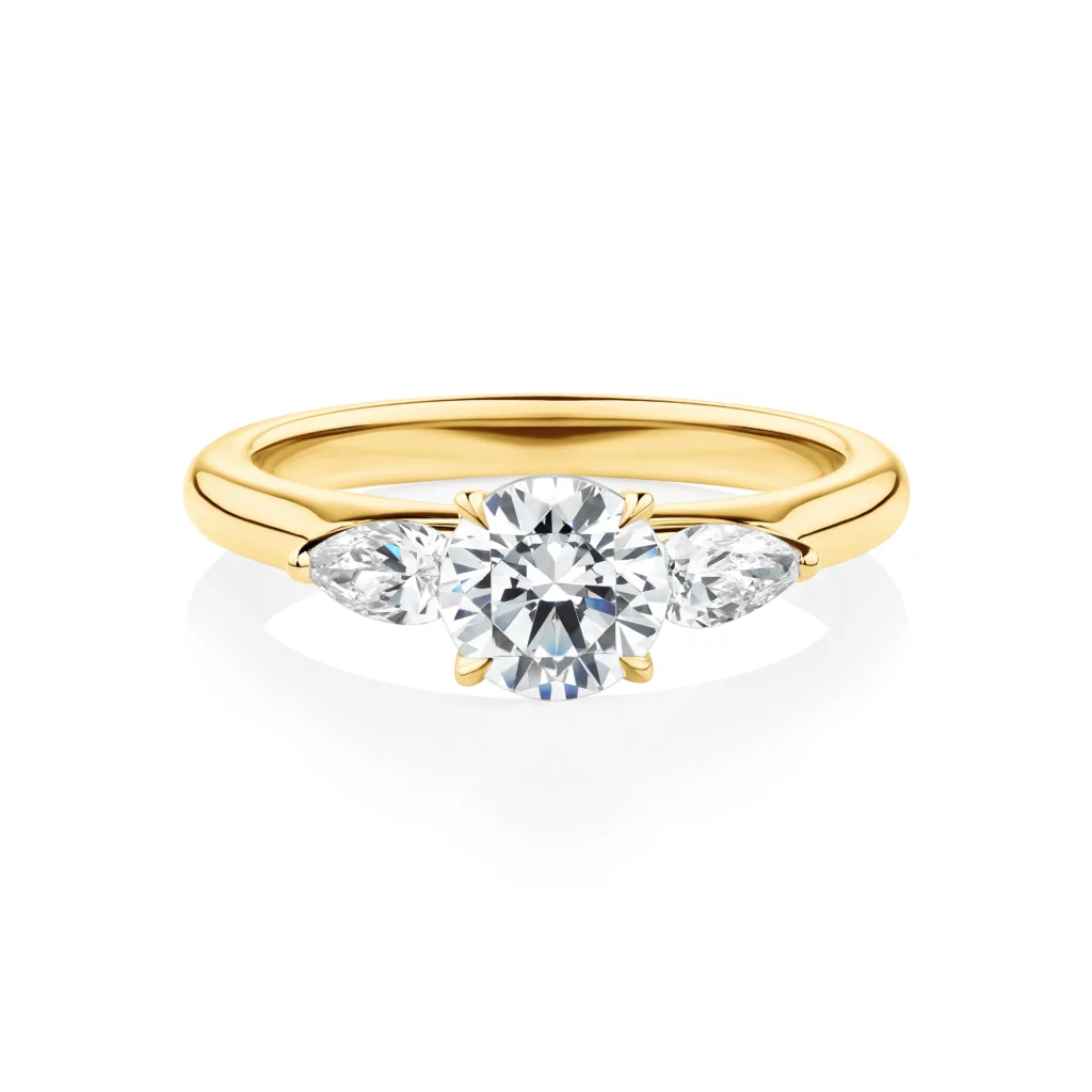 Banksia-Yellow-Gold-Round-Cut-Trilogy-Pear-Cut-Diamond-Engagement-Ring