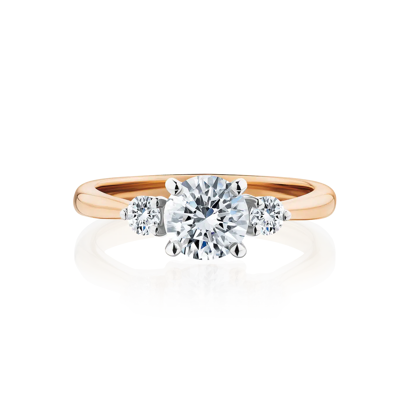 Frangipani-round-cut-rose-gold-two-tone-trilogy-diamond-engagement-ring