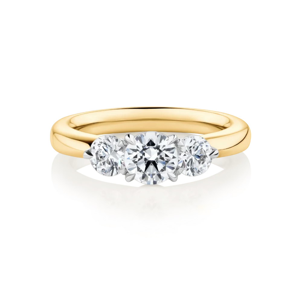Impressa-yellow-gold-two-tone-round-cut-trilogy-diamond-engagement-ring