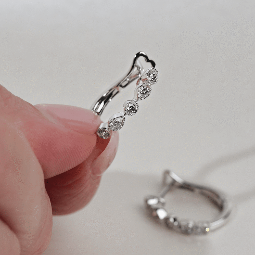 Diamond Round and Pear Milgrain Huggies White Gold Cropped