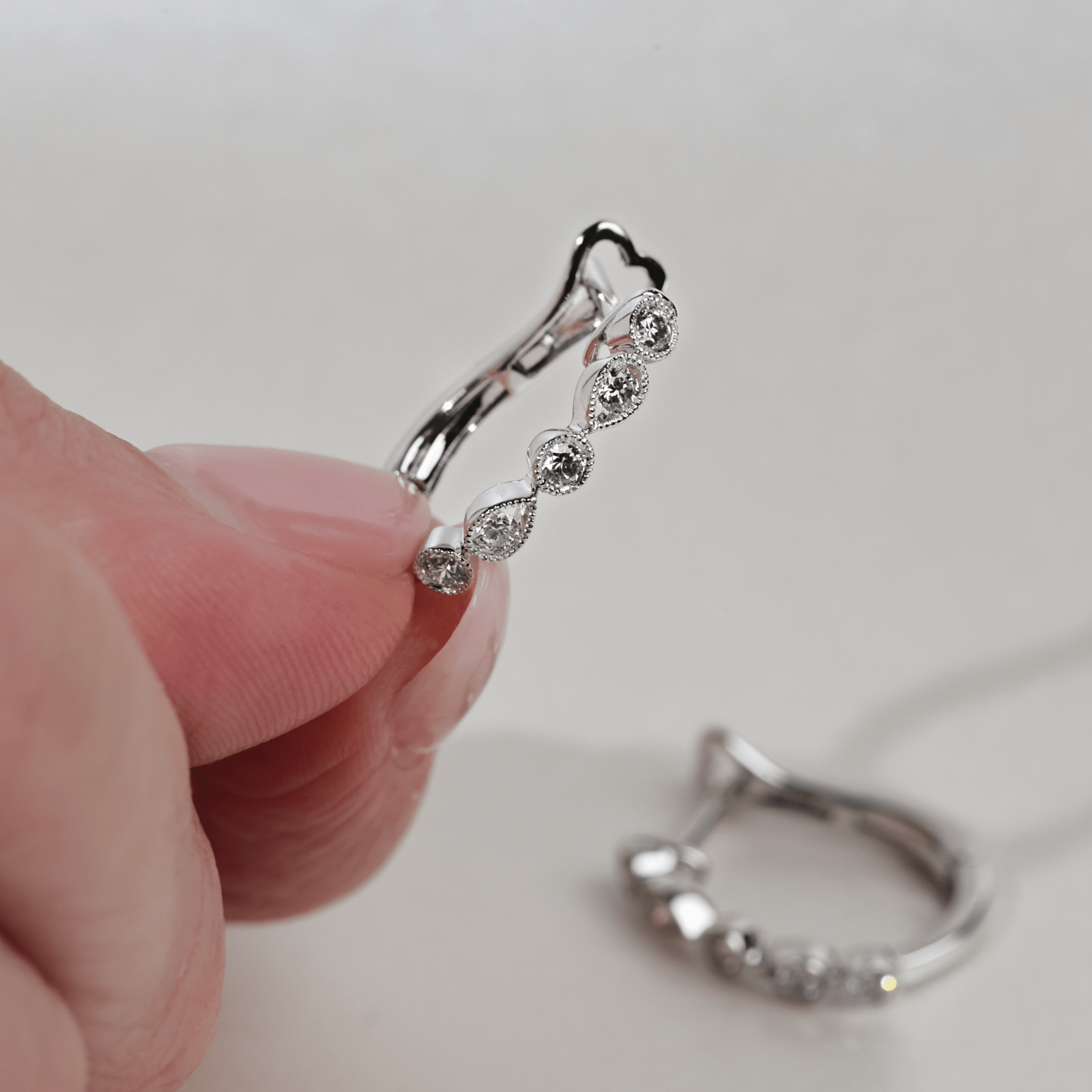 Diamond Round and Pear Milgrain Huggies White Gold Cropped