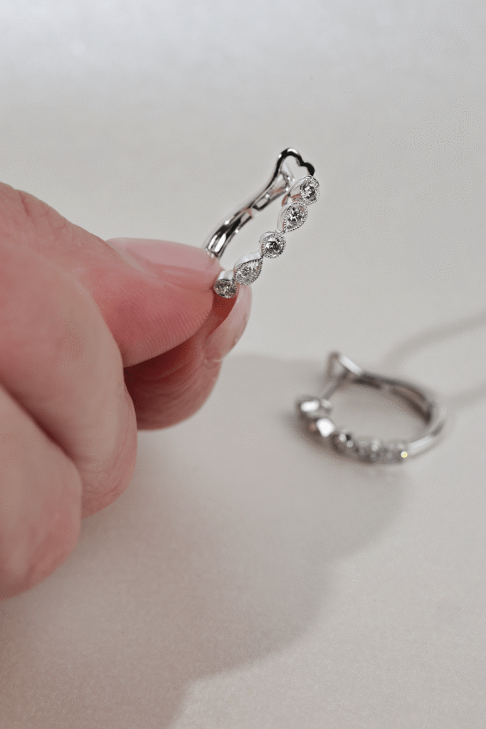 Diamond Round and Pear Milgrain Huggies White Gold