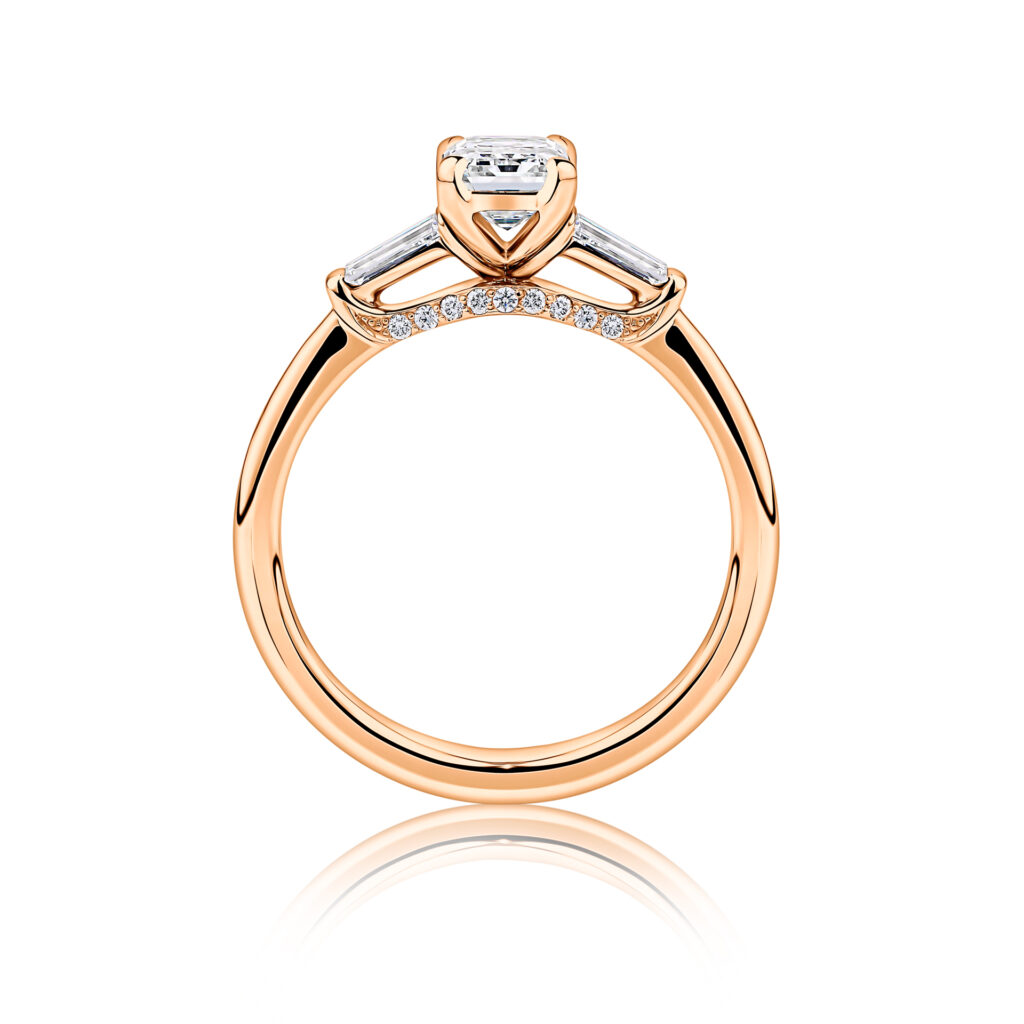 Grevillea-Side-View-Rose-Gold-Diamond-Bridge-Trilogy-Emerald-Diamond-Engagement-Ring
