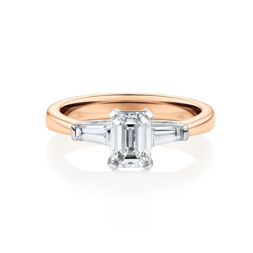 Grevillea-rose-gold-two-tone-diamond-bridge-trilogy-emerald-diamond-engagement-ring