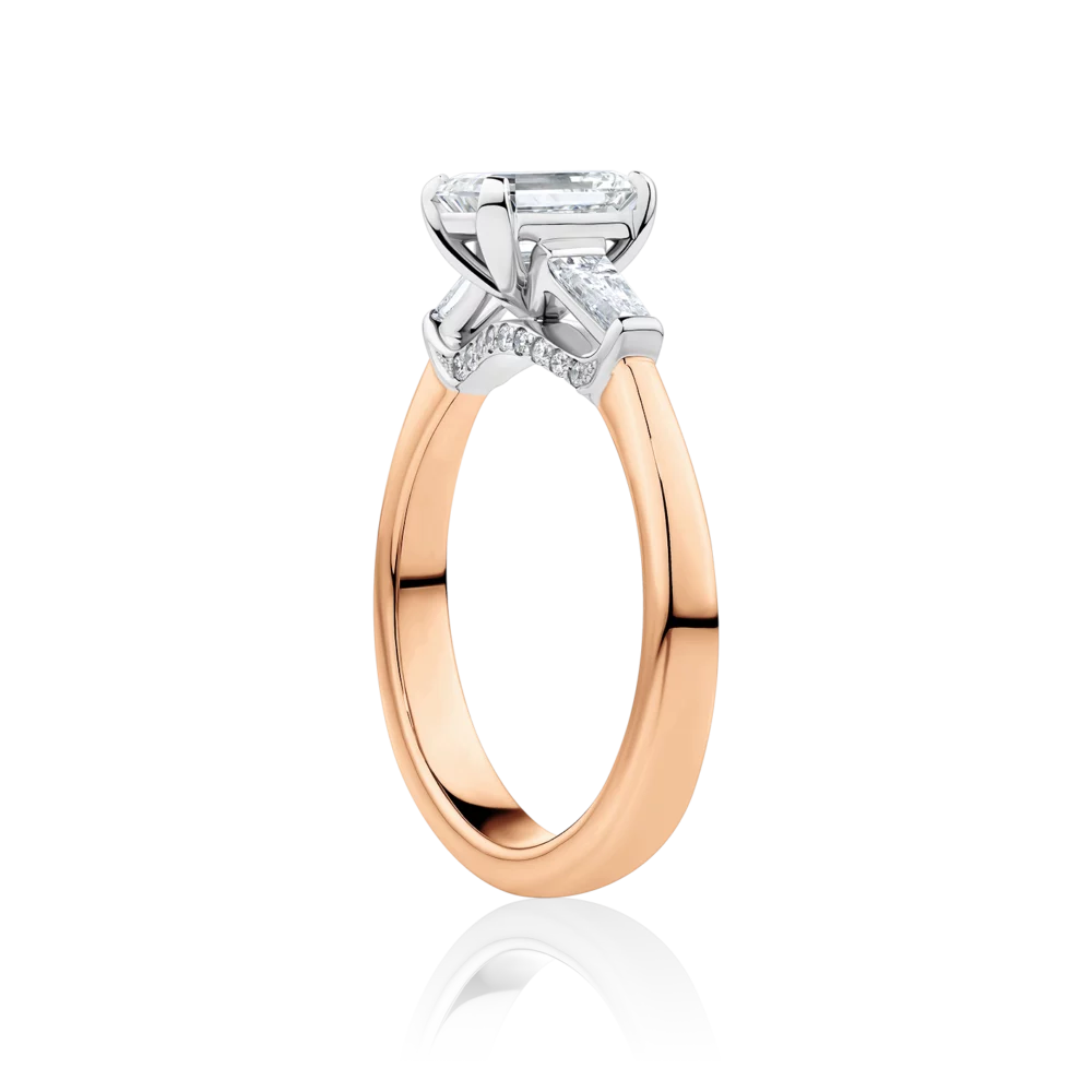 Grevillea-side-rose-gold-two-tone-diamond-bridge-trilogy-emerald-diamond-engagement-ring