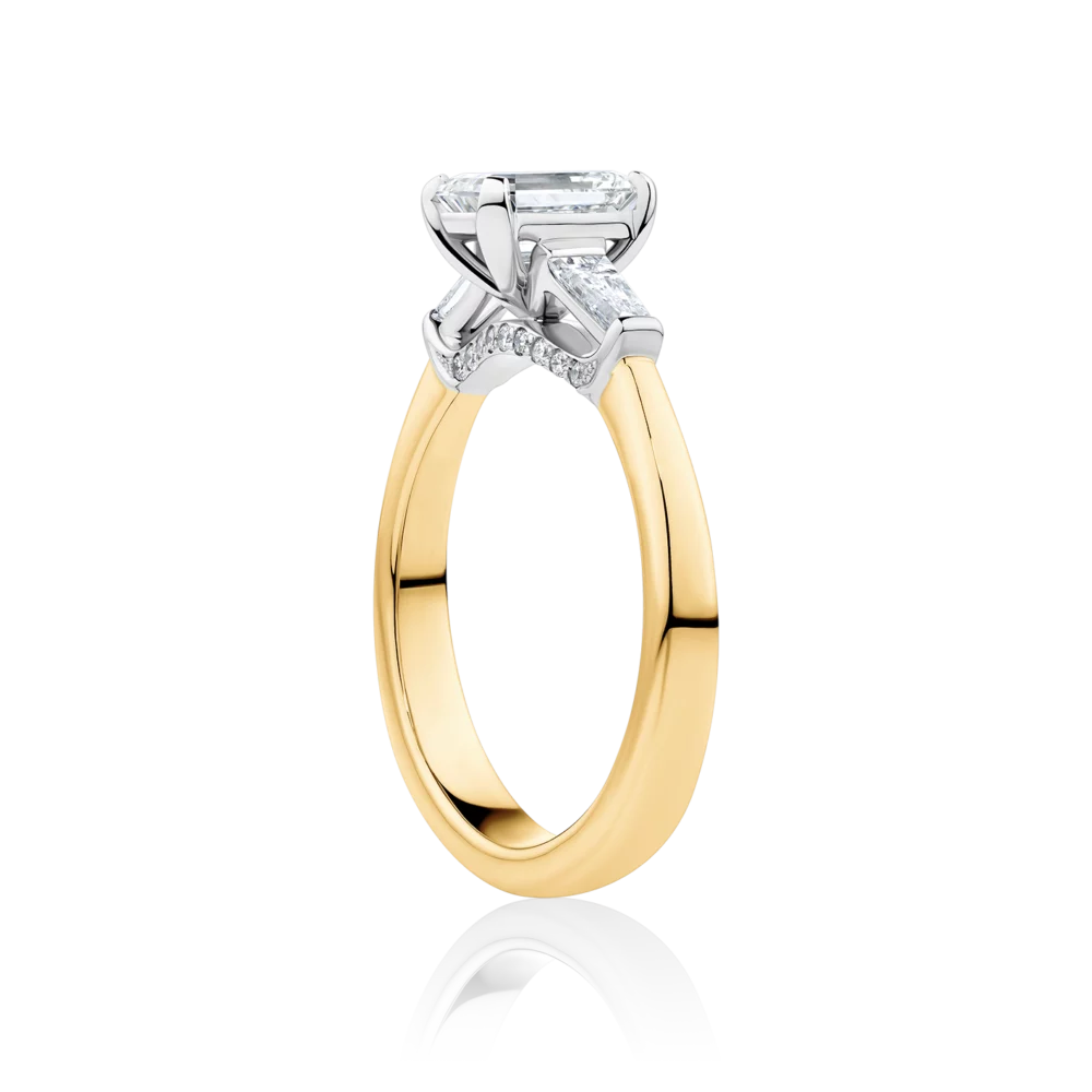 Grevillea-yellow-gold-two-tone-diamond-bridge-trilogy-emerald-diamond-engagement-ring