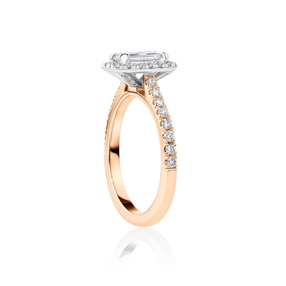 Wattle-emerald-rose-gold-two-tone-halo-side-emerald-diamond-engagement-ring