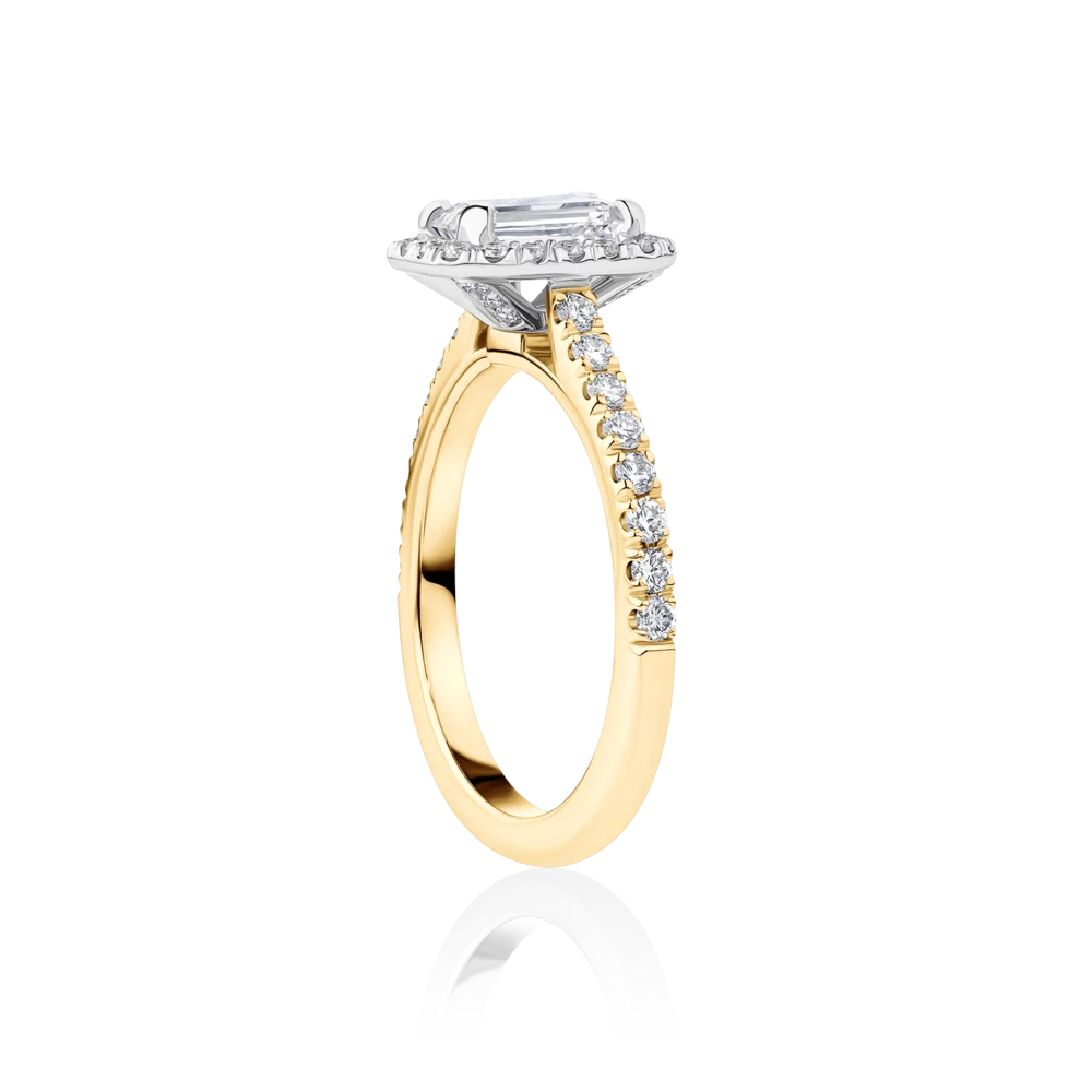 Wattle-emerald-yellow-gold-two-tone-halo-side-emerald-diamond-engagement-ring