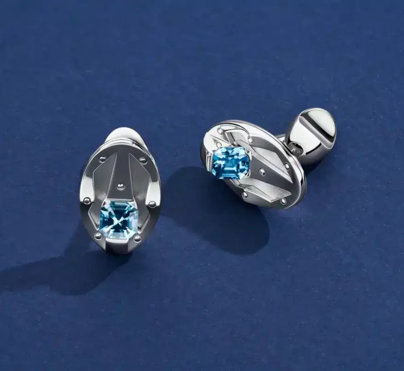 Sterling Silver Cufflinks-set-with-Blue-Ascher-Cut-Zircons-stylistic Sterling Silver Cufflinks-set-with-Blue-Ascher-Cut-Zircons-stylistic