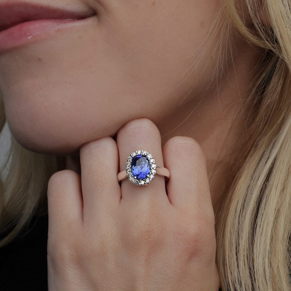 Iris Sapphire and Diamond Halo Ring