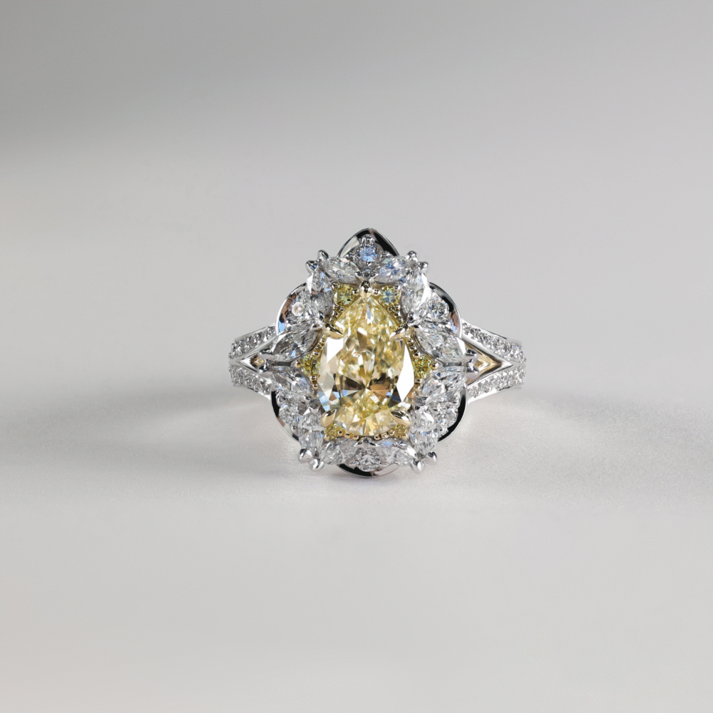 Pear Diamond and Fancy Diamond Halo White Gold Ring scaled