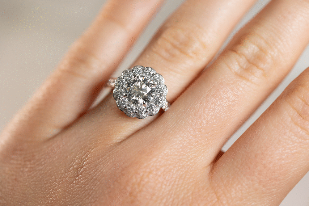 Vintage Scalloped Double Halo Diamond Ring 1 scaled