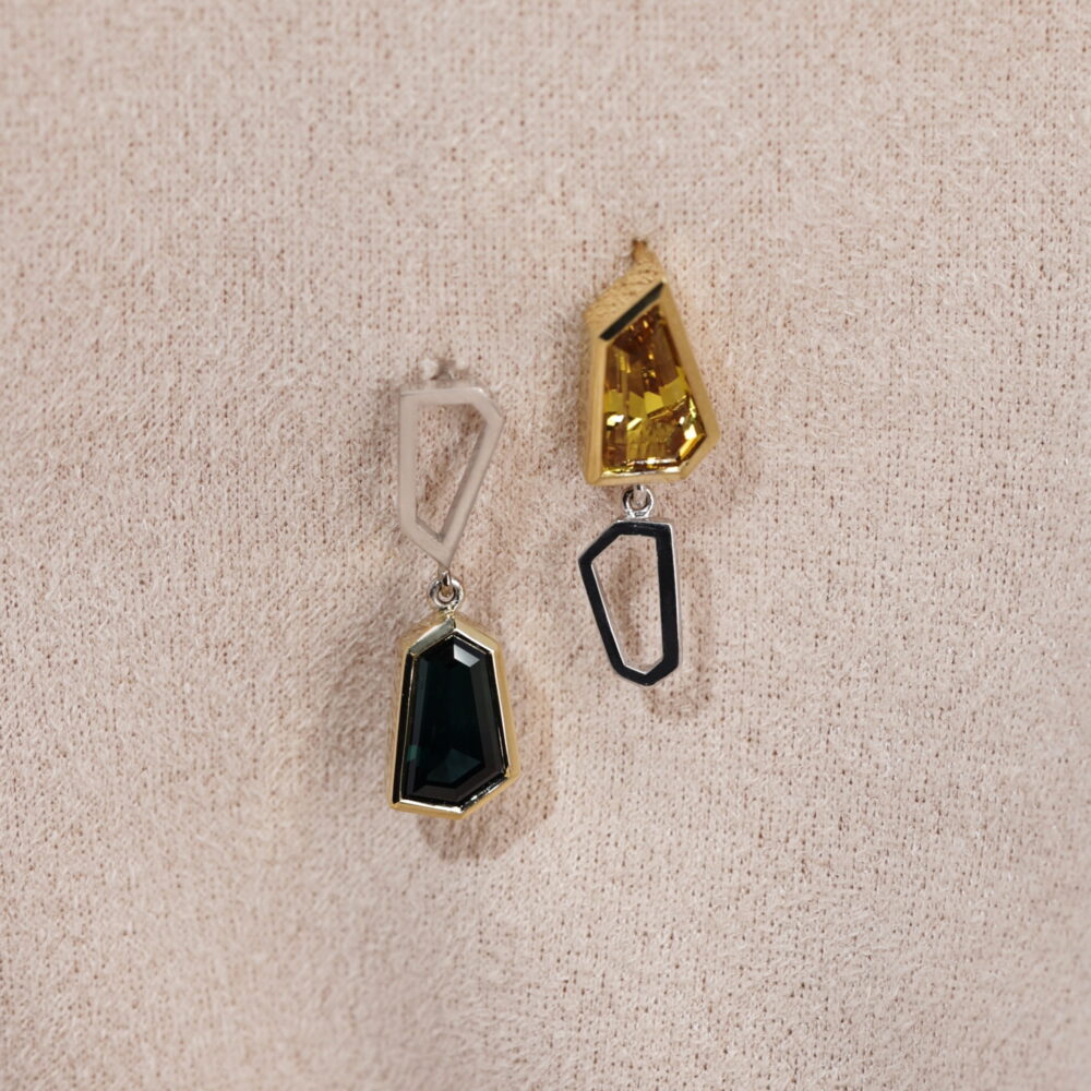 Nigella Geometric Sapphire White and Yellow Gold Earrings
