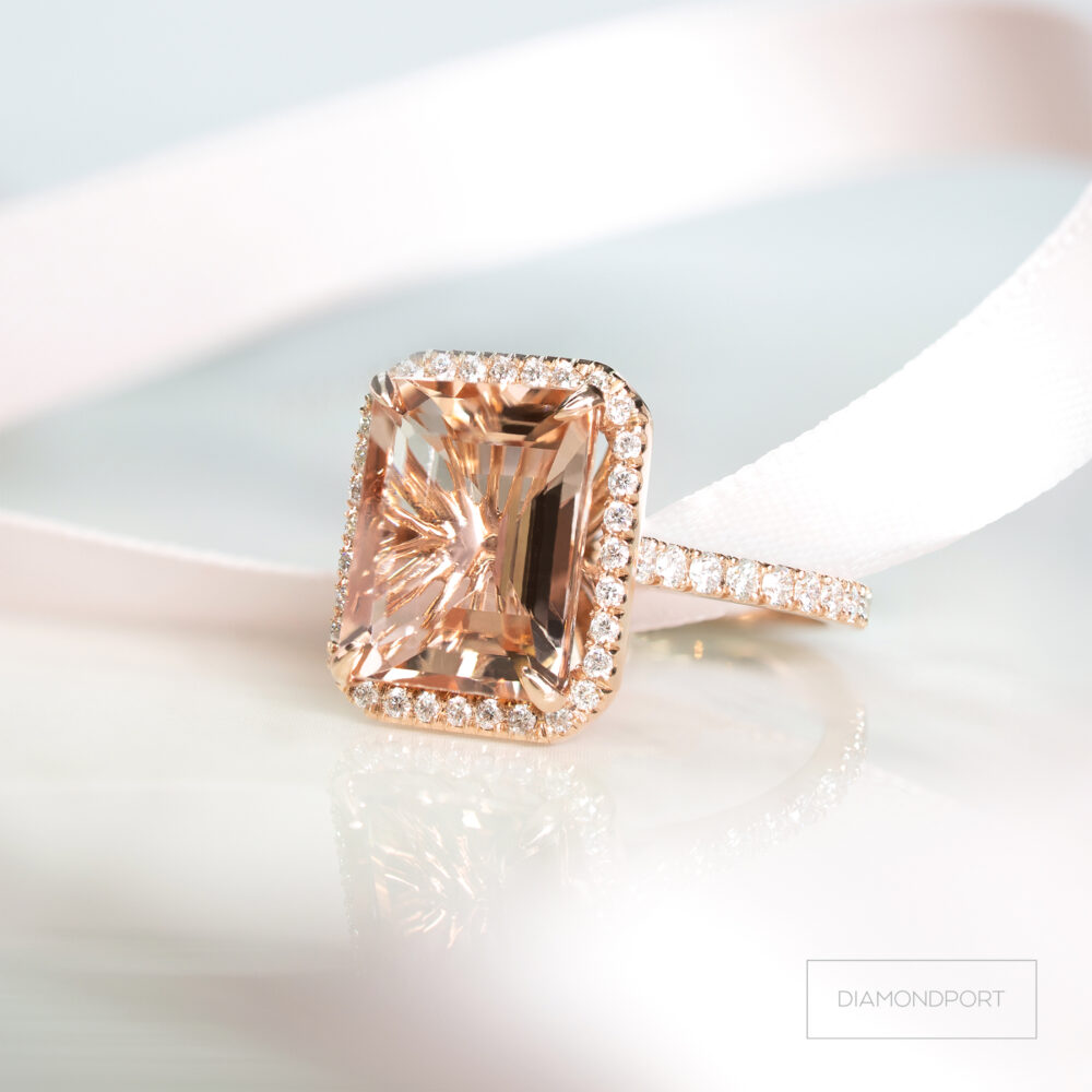 Morganite and Diamond Halo Ring