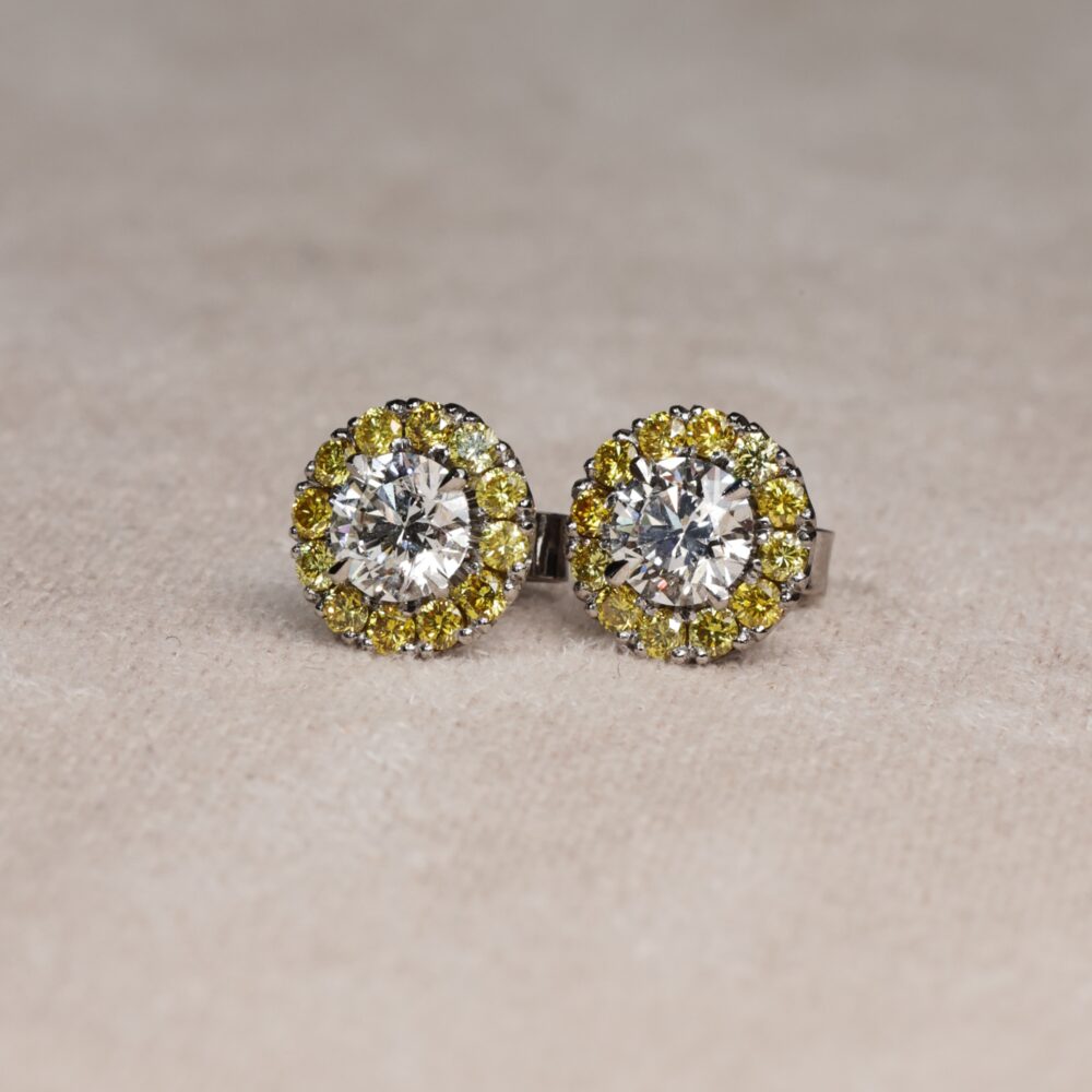 Diamond Earrings with Yellow Diamond Haloes