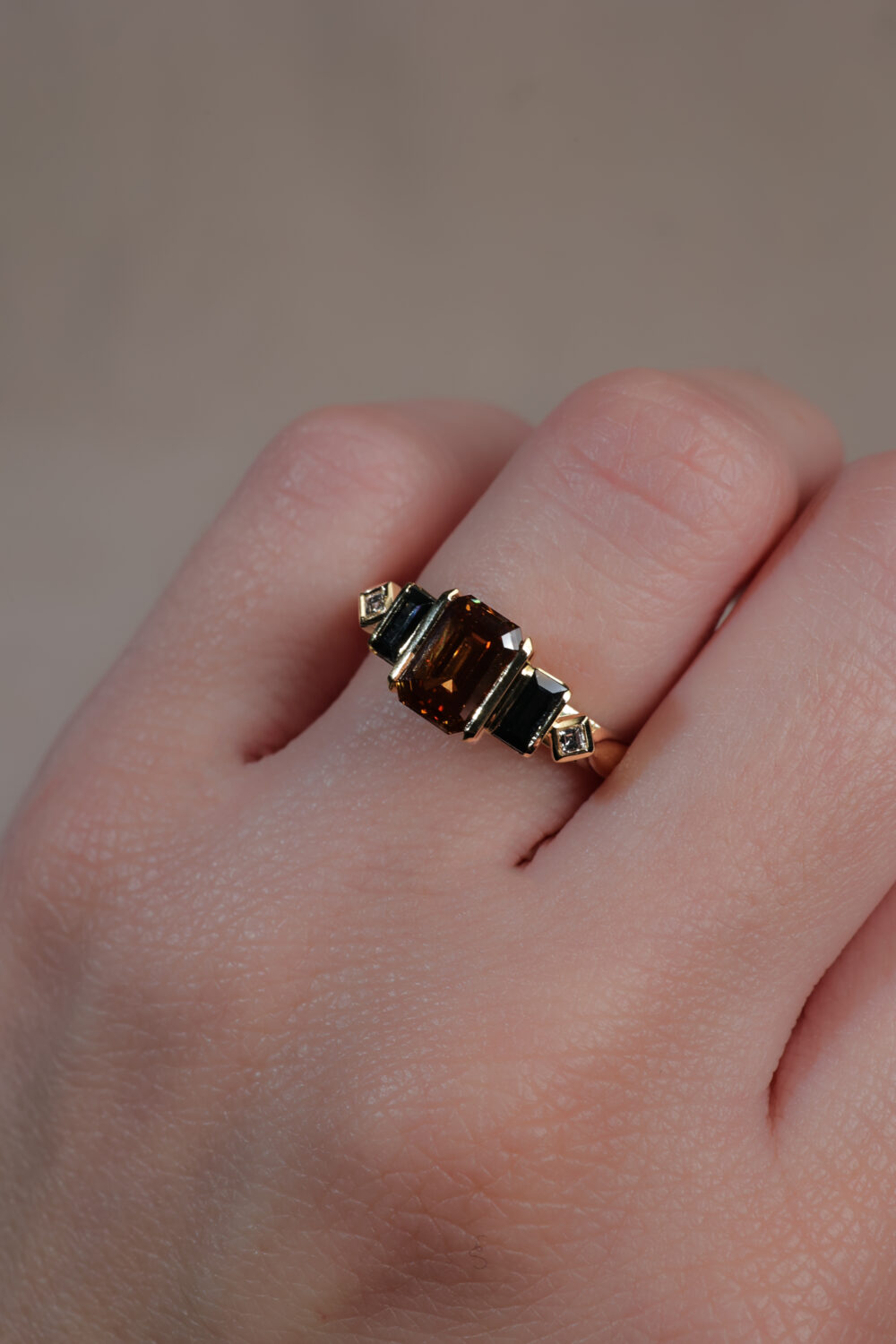 Lab grown cognac 5 stone ring 1 scaled