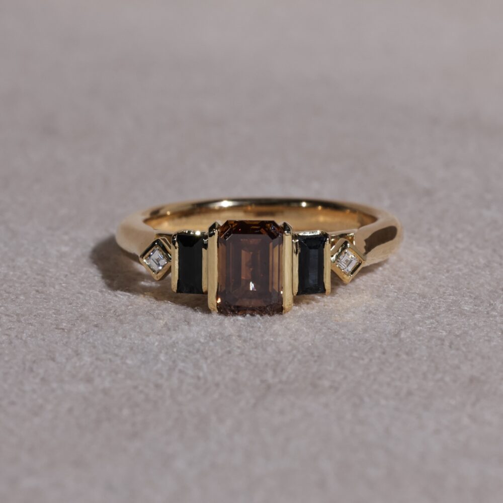 Cognac Lab Grown Diamond and Black Sapphire Ring
