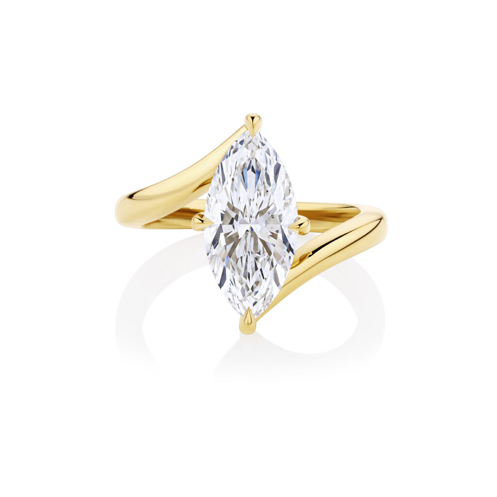 Bypass yellow gold marquise diamond ring front