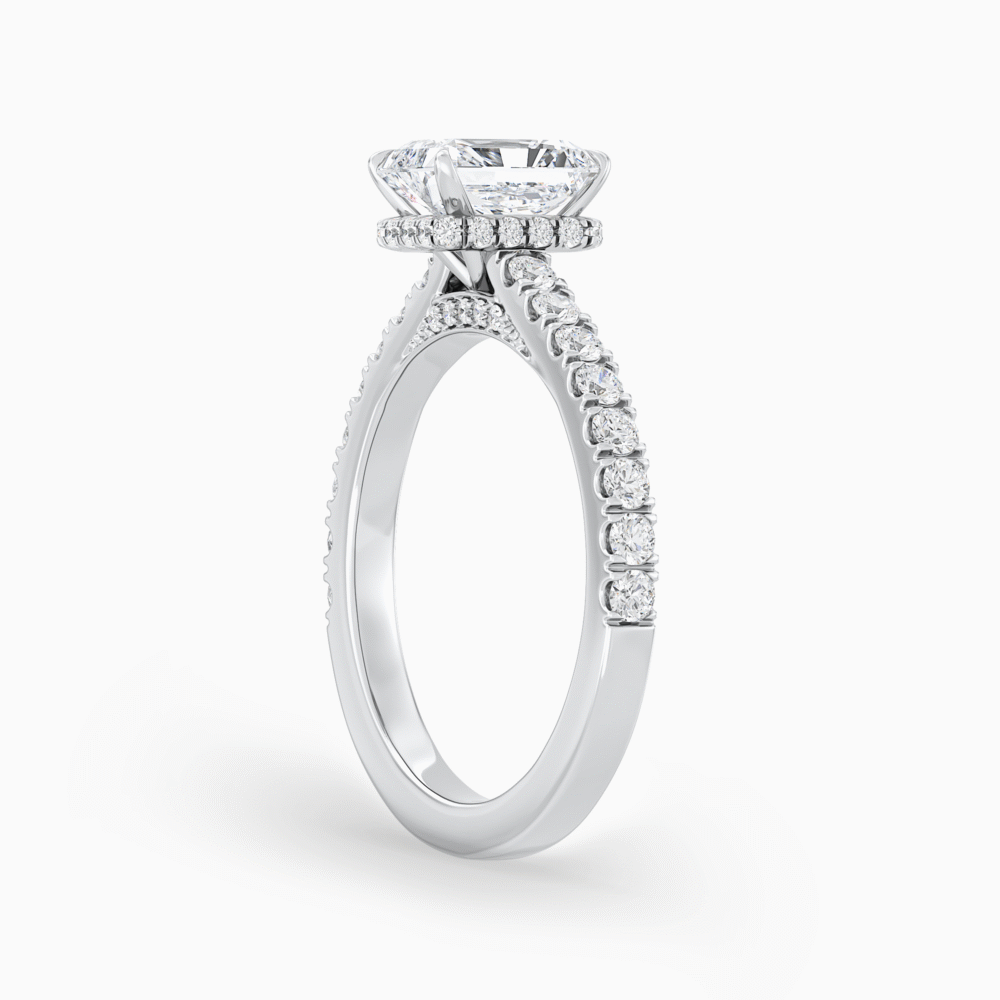 Radiant Diamond Ring with Hidden Halo and Accented Bridge