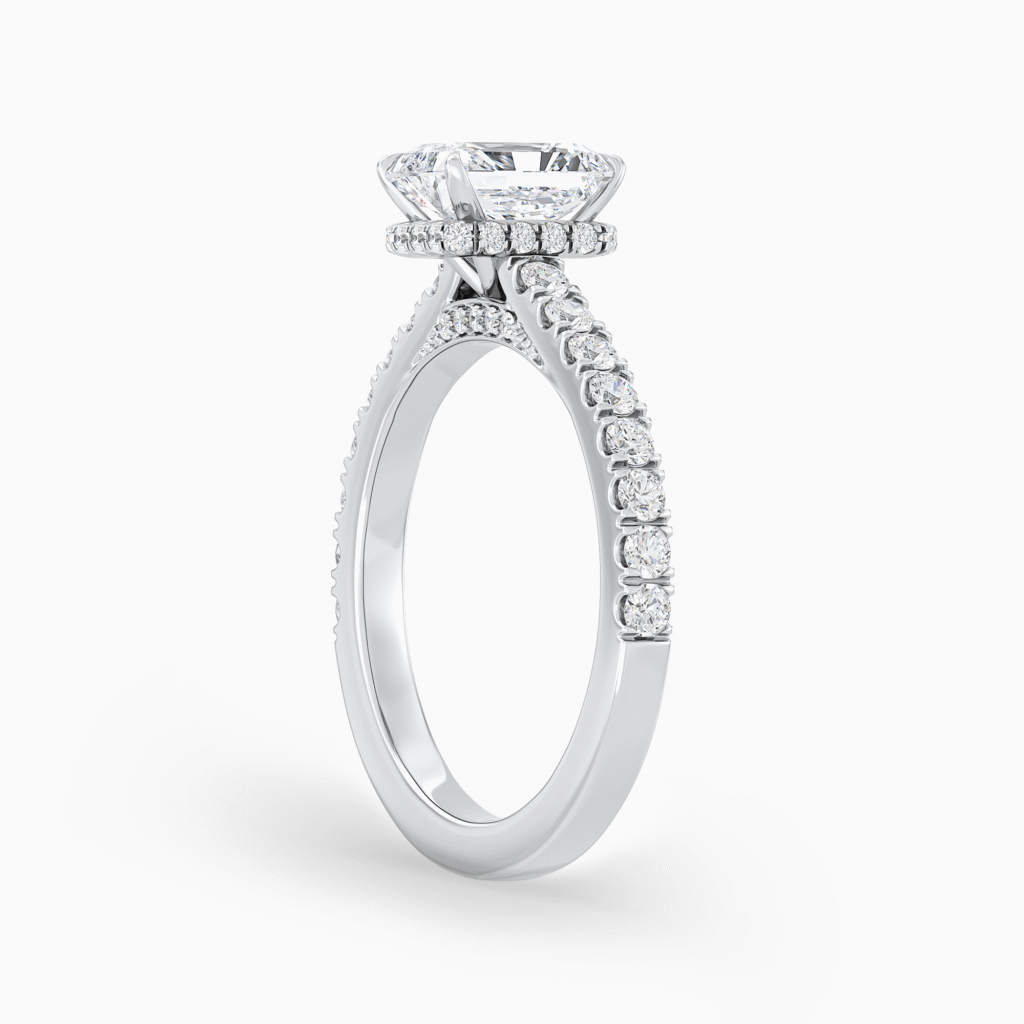 Radiant Diamond Ring with Hidden Halo and Accented Bridge