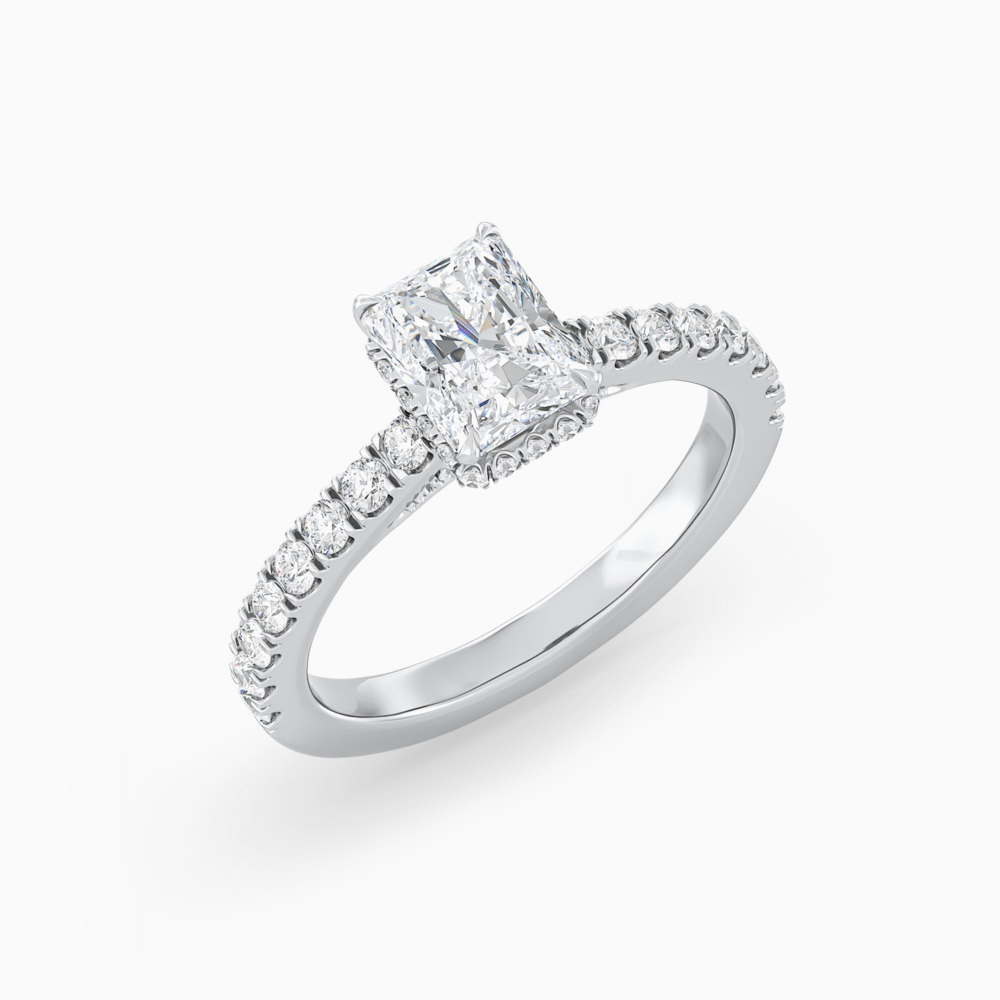 Radiant Diamond Ring with Hidden Halo and Accented Bridge