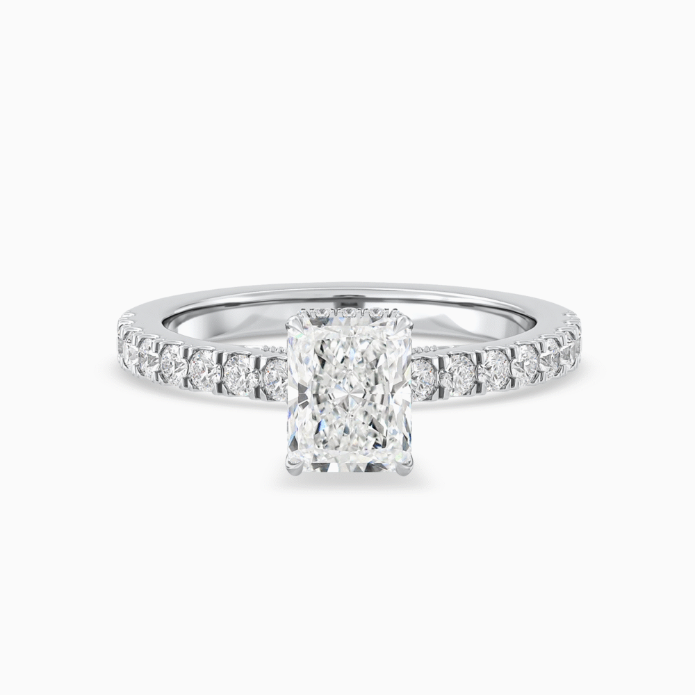 Radiant Diamond Ring with Hidden Halo and Accented Bridge