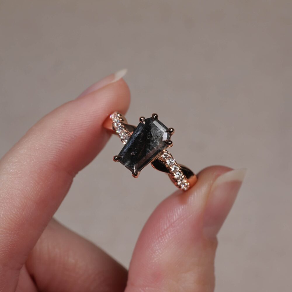 Salt and Pepper coffin cut diamond with rose gold accented band
