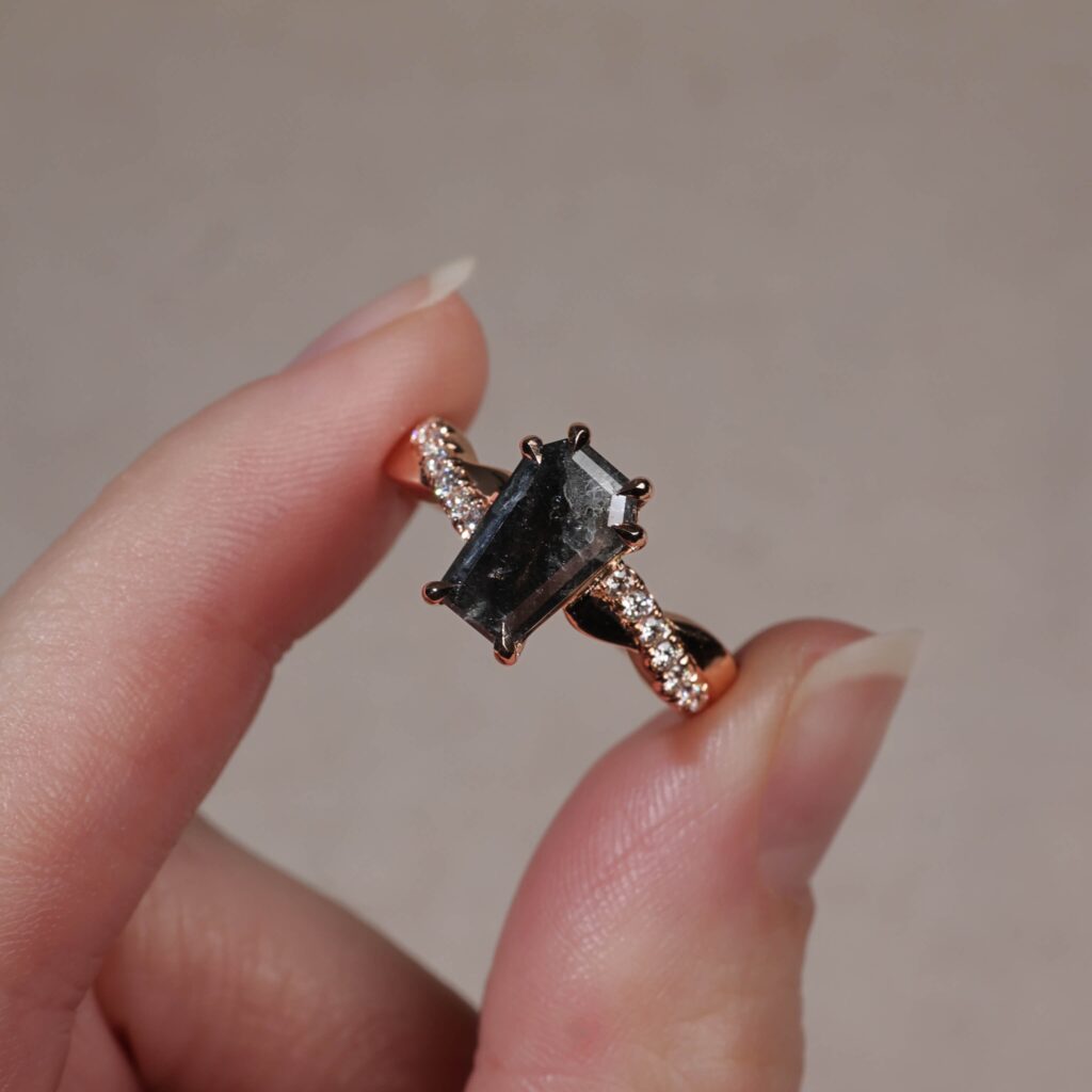 Salt and Pepper coffin cut diamond with rose gold accented band