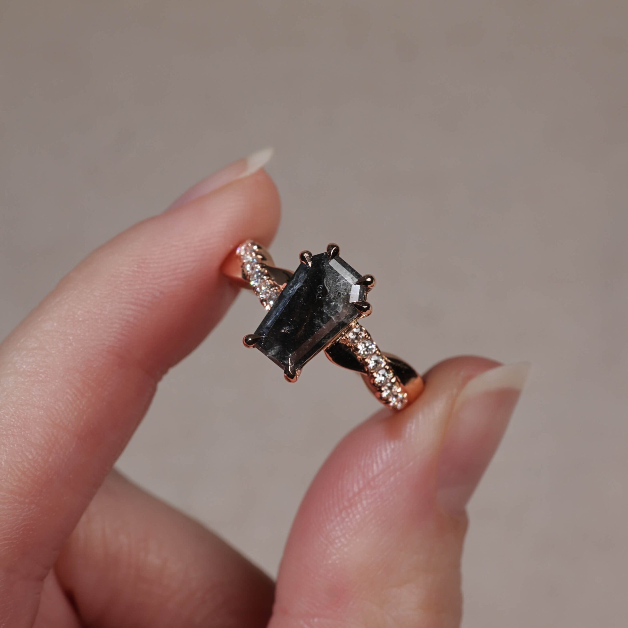 Salt and Pepper coffin cut diamond with rose gold accented band