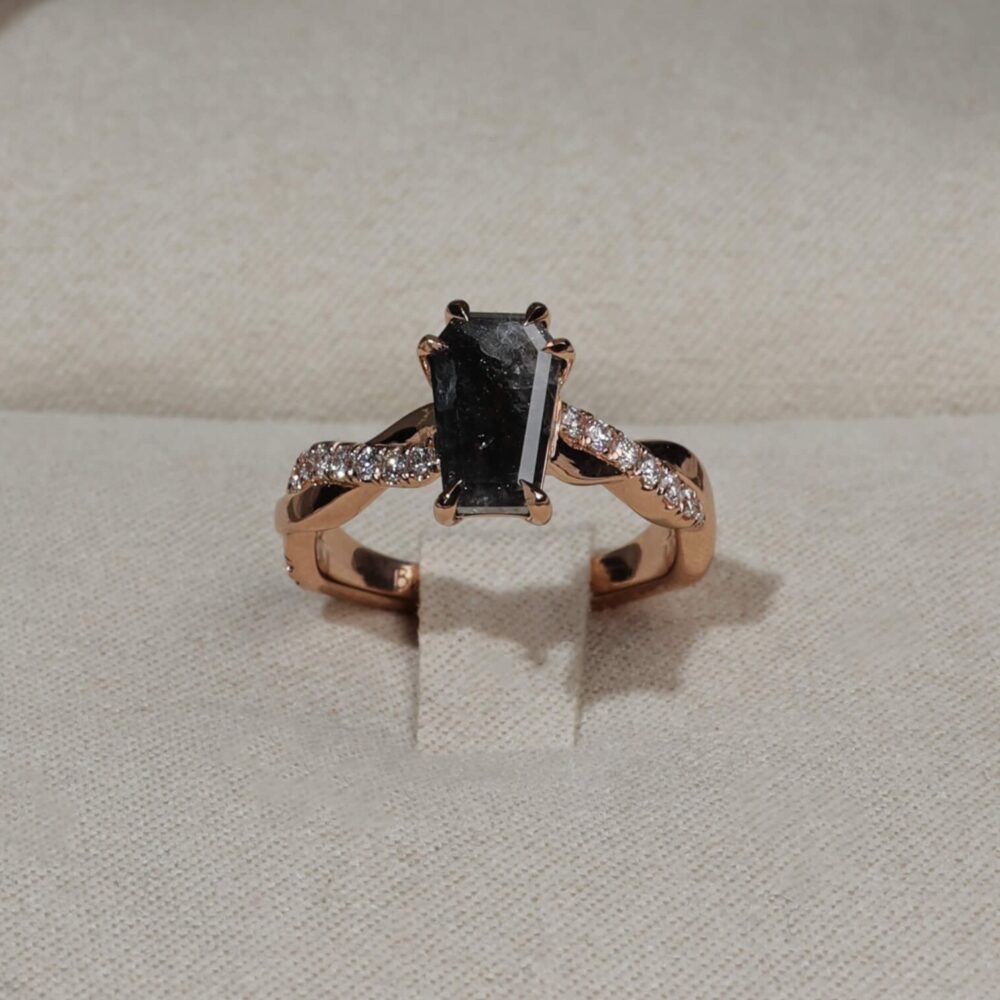 Salt and Pepper coffin cut diamond with rose gold accented band1