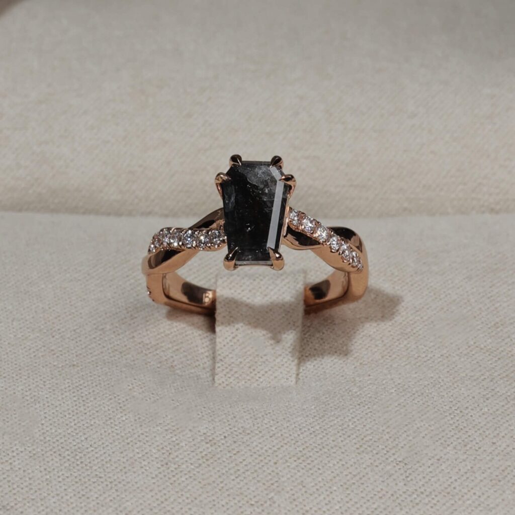 Salt and Pepper coffin cut diamond with rose gold accented band1